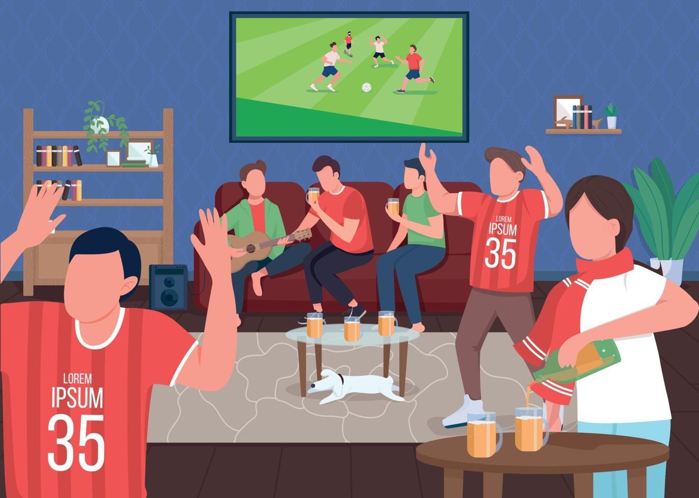 guardando la partita di calcio con gli amici illustrazione vettoriale di colore piatto