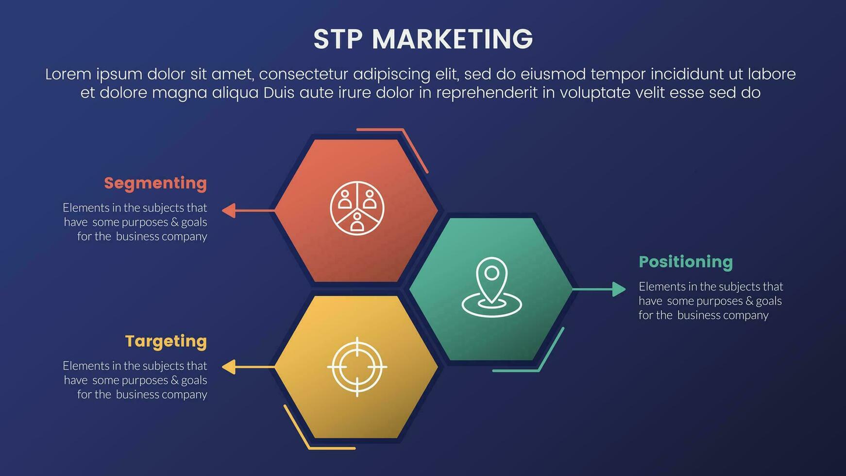 stp marketing strategia modello per segmentazione cliente Infografica 3 stadi con Favo forma verticale direzione e buio stile pendenza tema concetto per diapositiva presentazione vettore