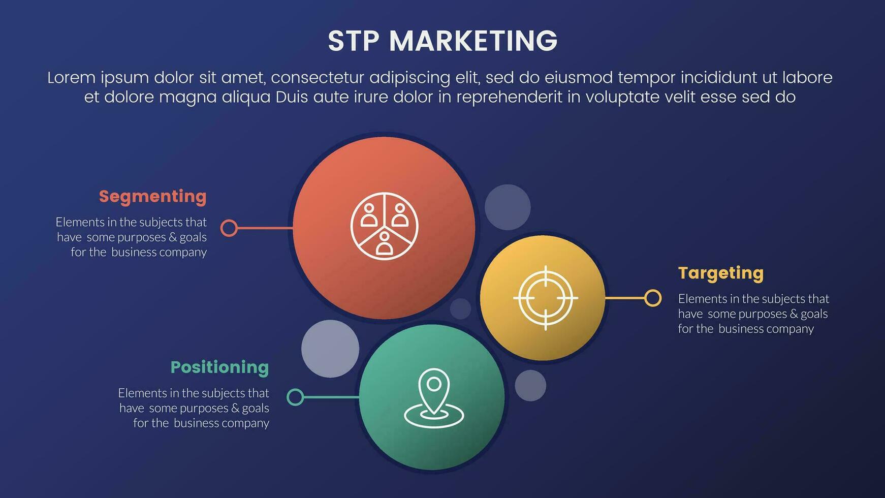 stp marketing strategia modello per segmentazione cliente Infografica 3 stadi con verticale cerchio direzione e buio stile pendenza tema concetto per diapositiva presentazione vettore