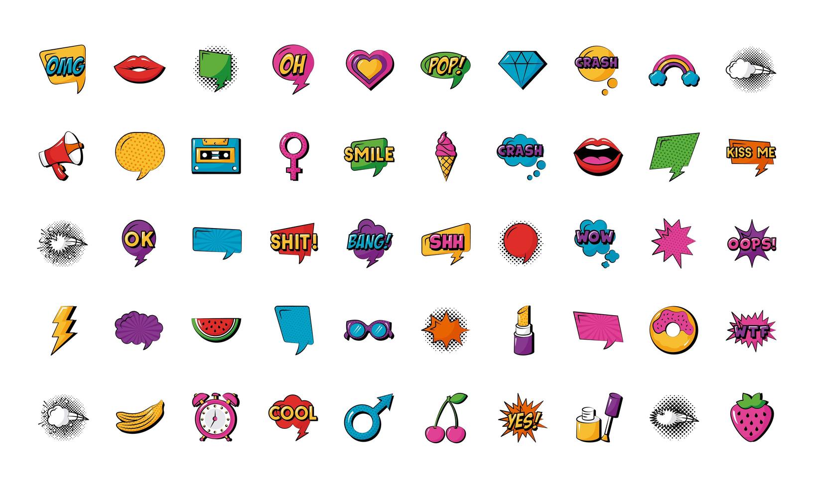 pacchetto di cinquanta icone di set di pop art vettore