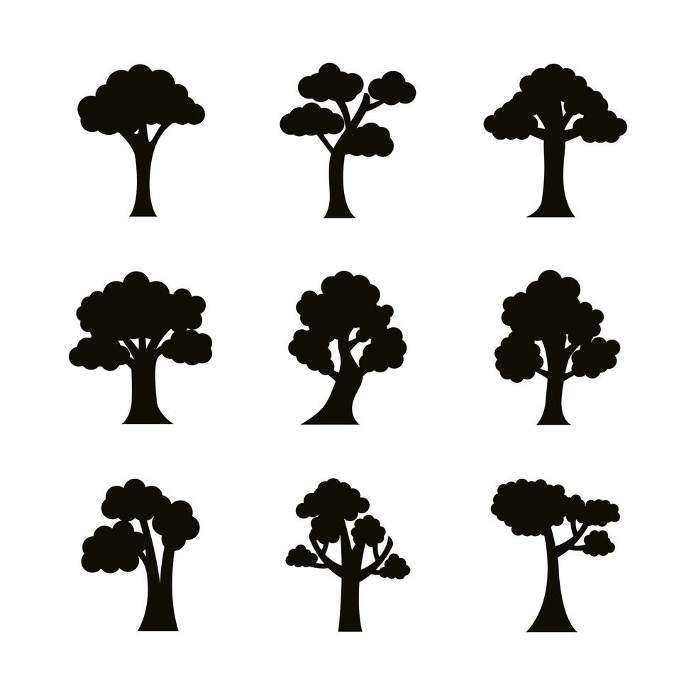 fascio di nove alberi impostare le icone vettore