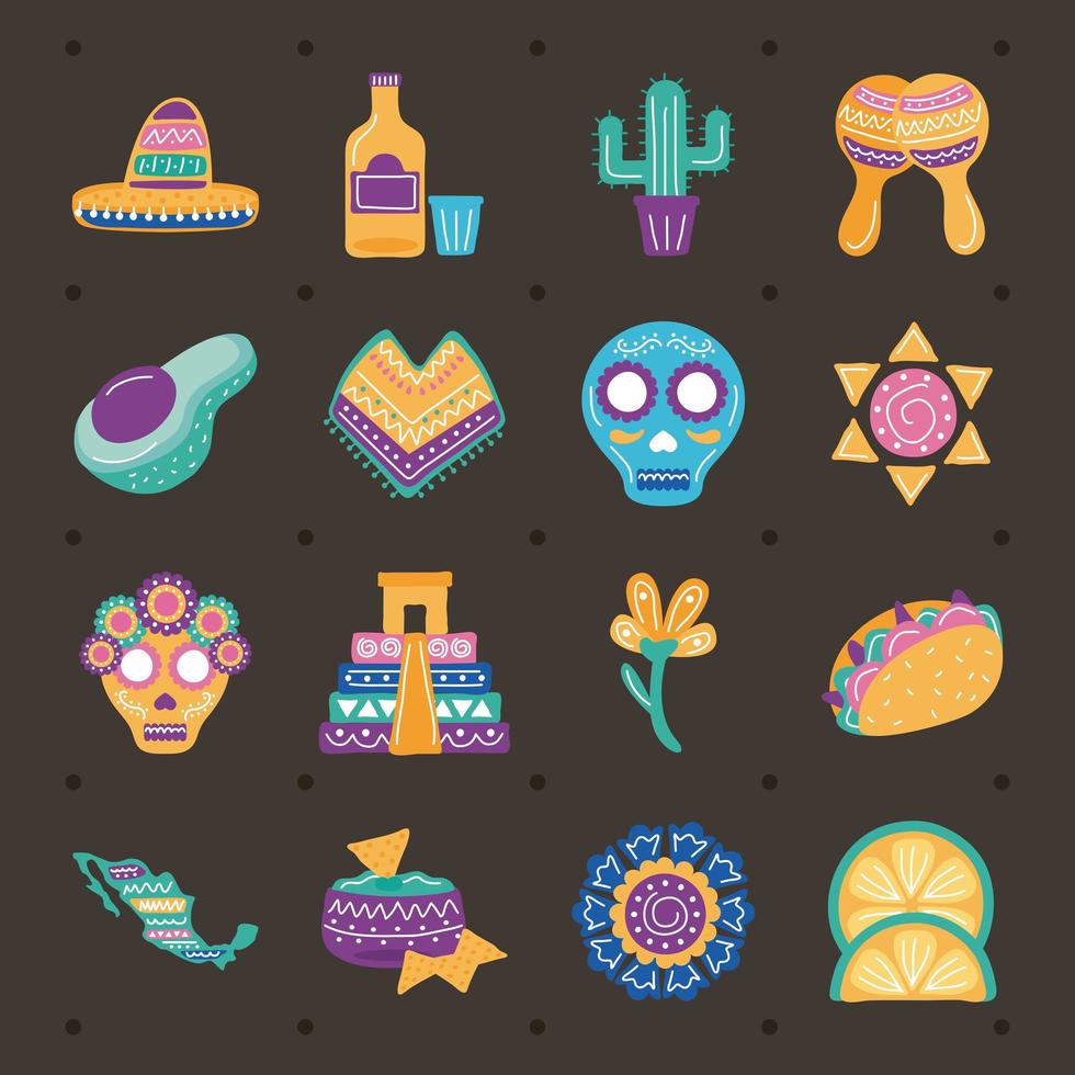 pacchetto di sedici icone di raccolta di set di etnia messicana vettore