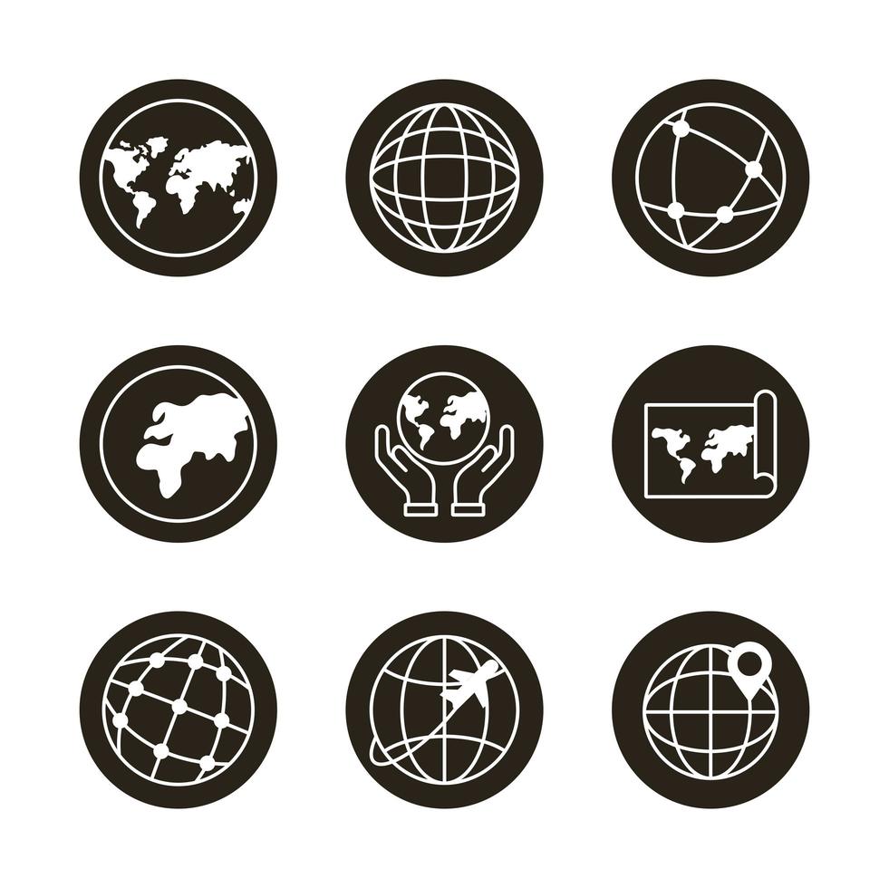 pacchetto di nove icone del pianeta del mondo vettore