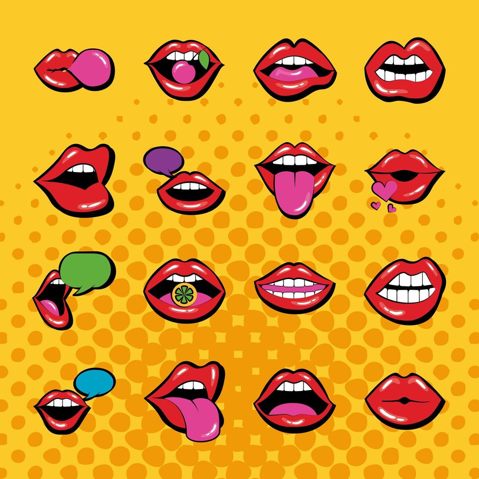 fascio di sedici bocche e labbra impostare icone in sfondo giallo vettore