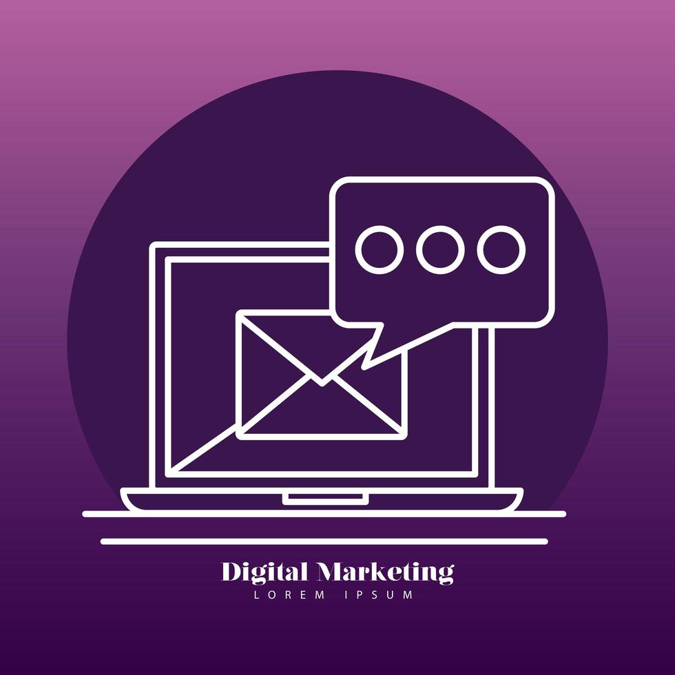 laptop marketing digitale con busta e icona stile linea set disegno vettoriale