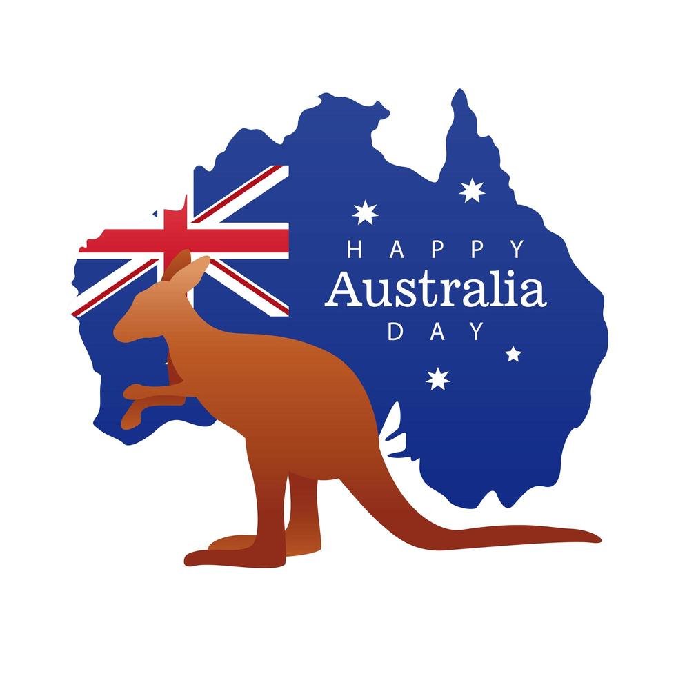 felice giorno dell & # 39; australia lettering con mappa e bandiera del canguro vettore