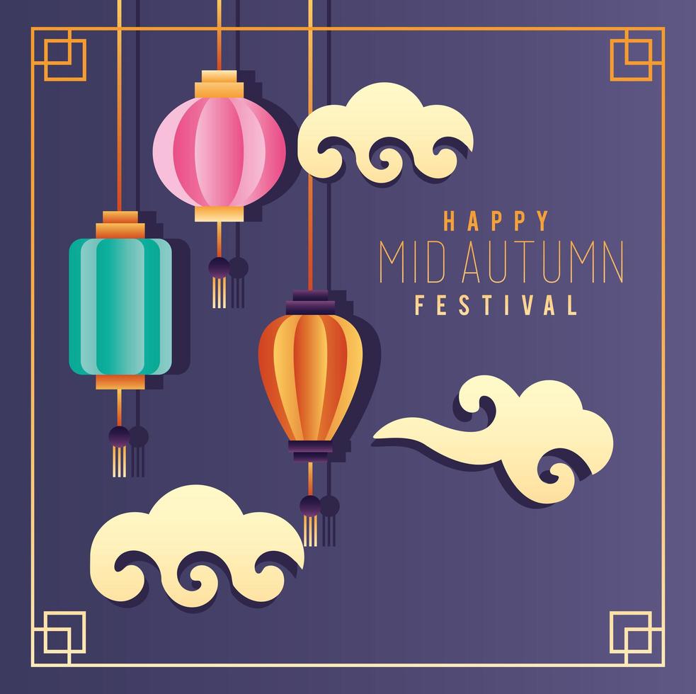felice poster di lettering festival di metà autunno con lanterne e nuvole in cornice quadrata vettore