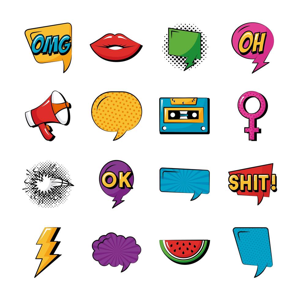 pacchetto di sedici icone di raccolta di set di pop art vettore