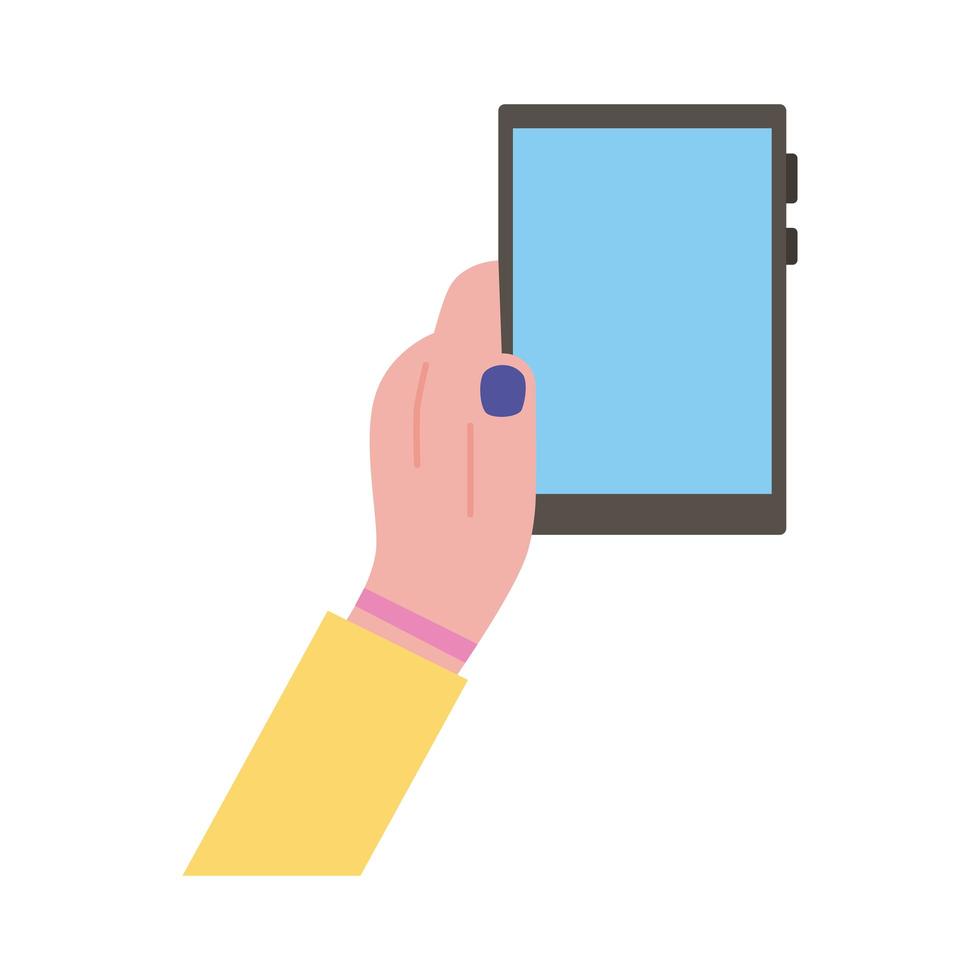 icona di stile piatto verticalmente dello smartphone di sollevamento della mano vettore