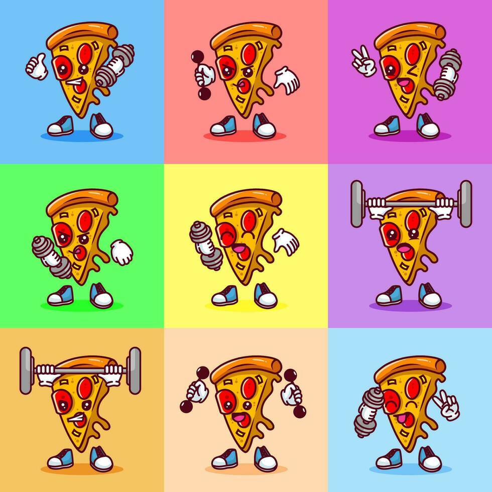 impostato di vettore illustrazione di kawaii Pizza cartone animato personaggio con bilanciere. vettore eps 10