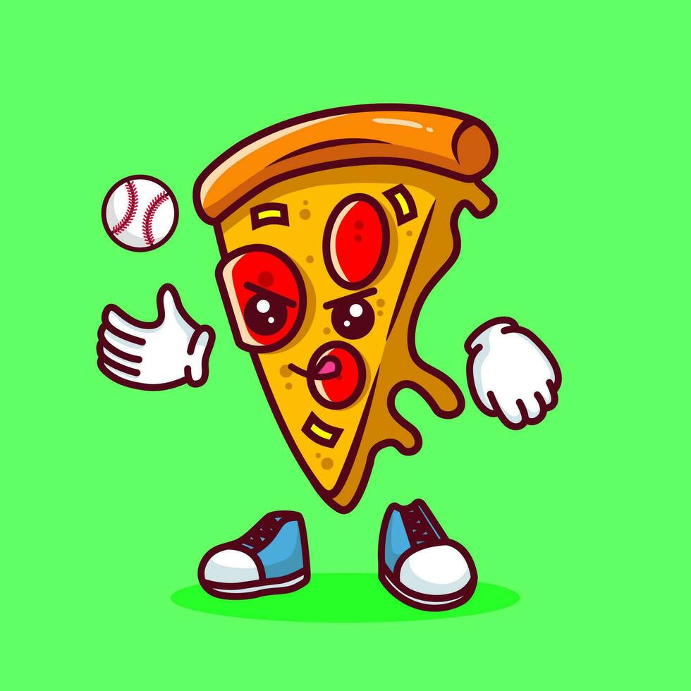 vettore illustrazione di kawaii Pizza cartone animato personaggio con baseball pipistrello e sfera. vettore eps 10