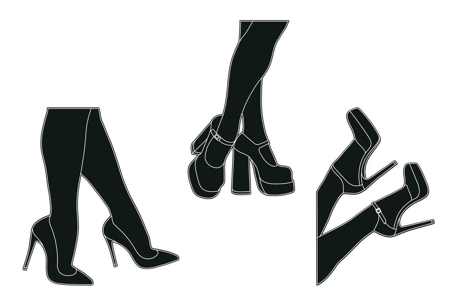 linea arte silhouette schema di femmina gambe nel un' posa. scarpe tacchi a spillo, alto tacchi. a passeggio, in piedi, in esecuzione, saltare, danza vettore