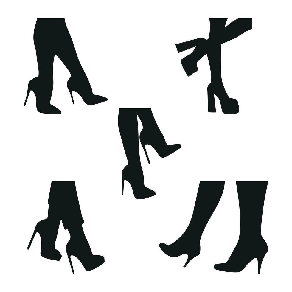 impostato nero silhouette di femmina gambe nel un' posa. scarpe tacchi a spillo, alto tacchi. a passeggio, in piedi, in esecuzione, saltare, danza vettore