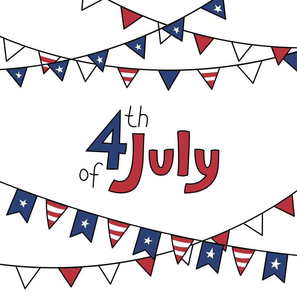 4 ° di luglio Stati Uniti d'America indipendenza giorno. vettore saluto carta. unito stati di America bandiera colori. illustrazione di decorativo mano disegnato elementi e lettering