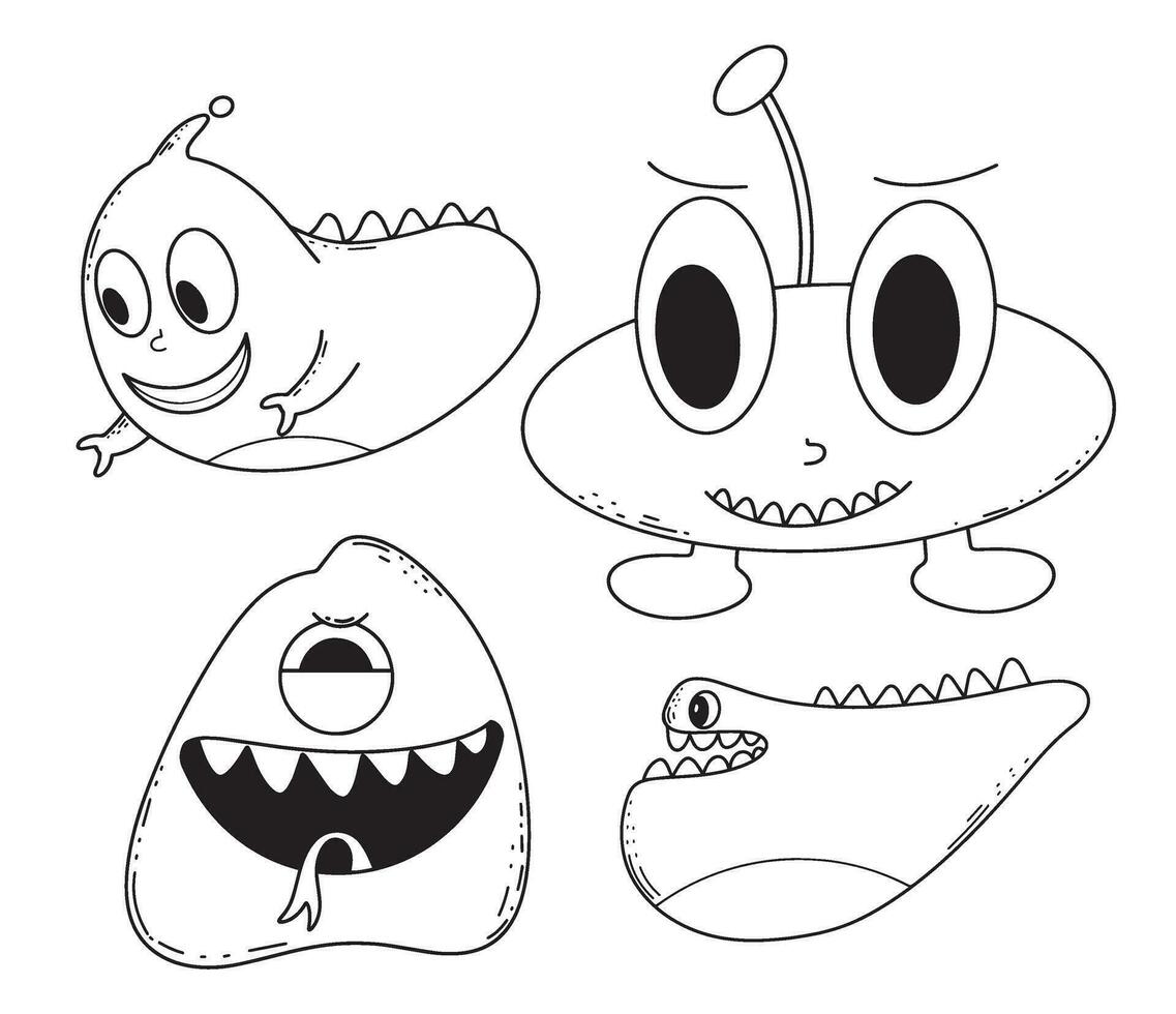 cartone animato mostro alieno scarabocchio linea arte per bambini colorazione libro vettore