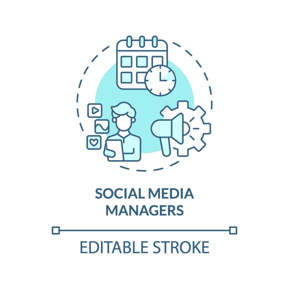 sociale media manager turchese concetto icona. digitale marketing. soddisfare Piano. programma inviare. Comunità gestione astratto idea magro linea illustrazione. isolato schema disegno. modificabile ictus vettore