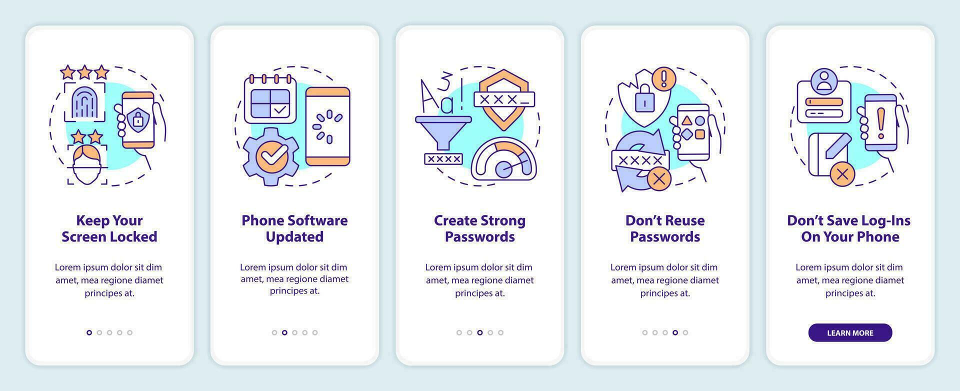 smartphone sicurezza suggerimenti onboarding mobile App schermo. digitale sicurezza Procedura dettagliata 5 passaggi modificabile grafico Istruzioni con lineare concetti. ui, ux, gui modello vettore