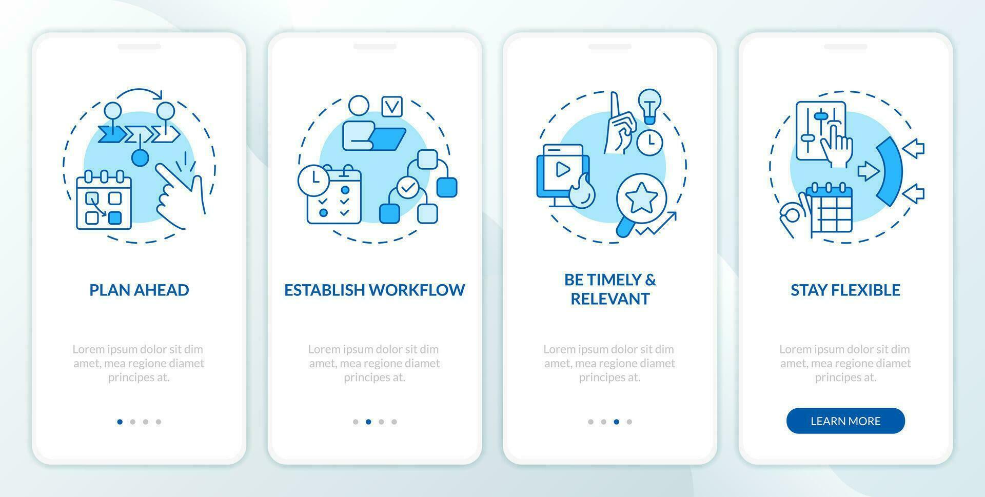 editoriale calendario suggerimenti blu onboarding mobile App schermo. soddisfare gestione Procedura dettagliata 4 passaggi modificabile grafico Istruzioni con linea concetti. ui, UX modello vettore