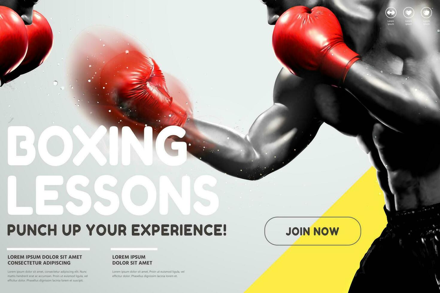 boxe Lezioni sito web design con forte pugile lancio gancio nel 3d illustrazione, grigio e giallo tono vettore