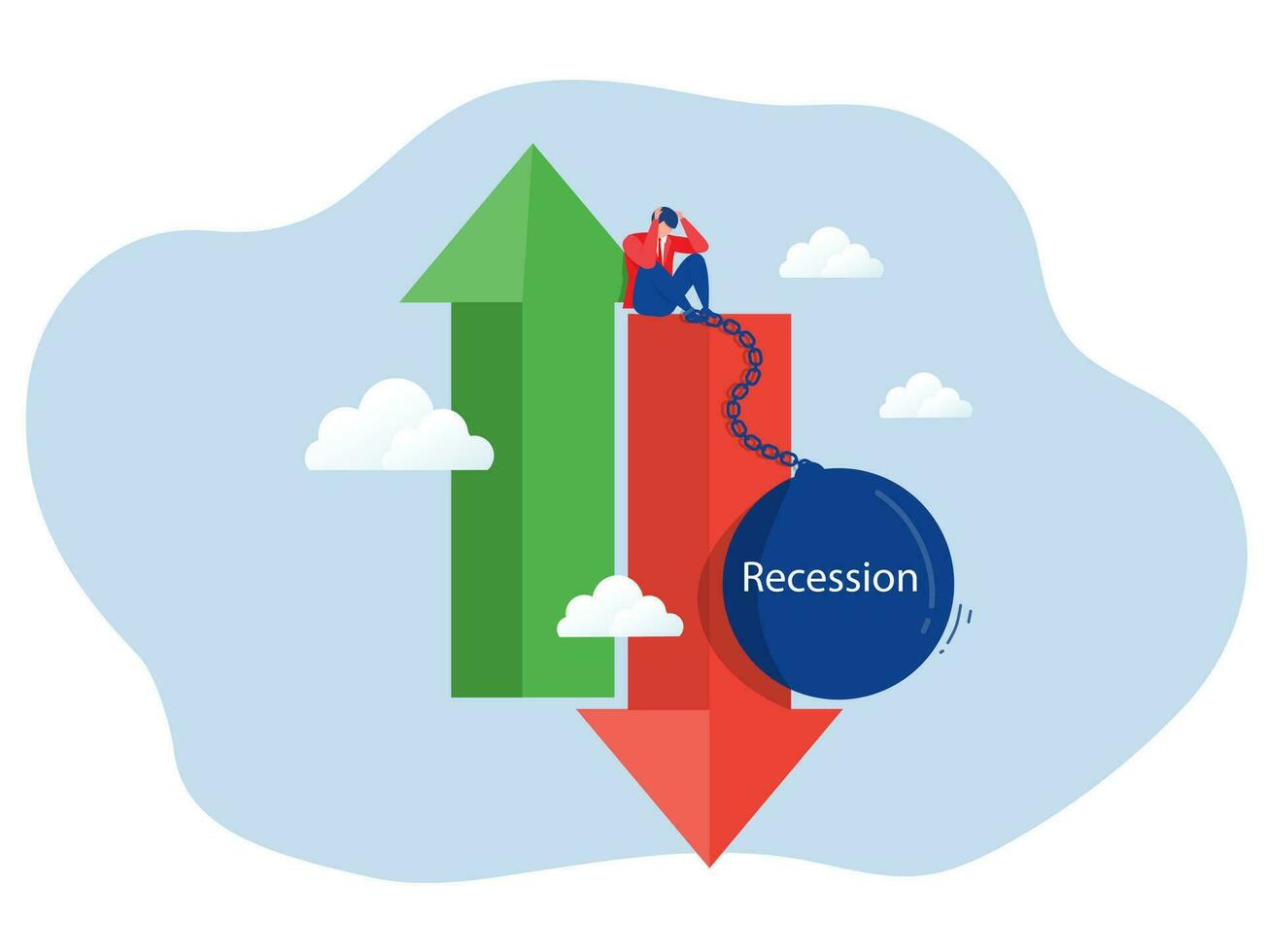 economico recessione , uomo d'affari fatica su giù freccia con grande catena drammatico, esteso, azione mercato schianto definizione illustrazione vettore