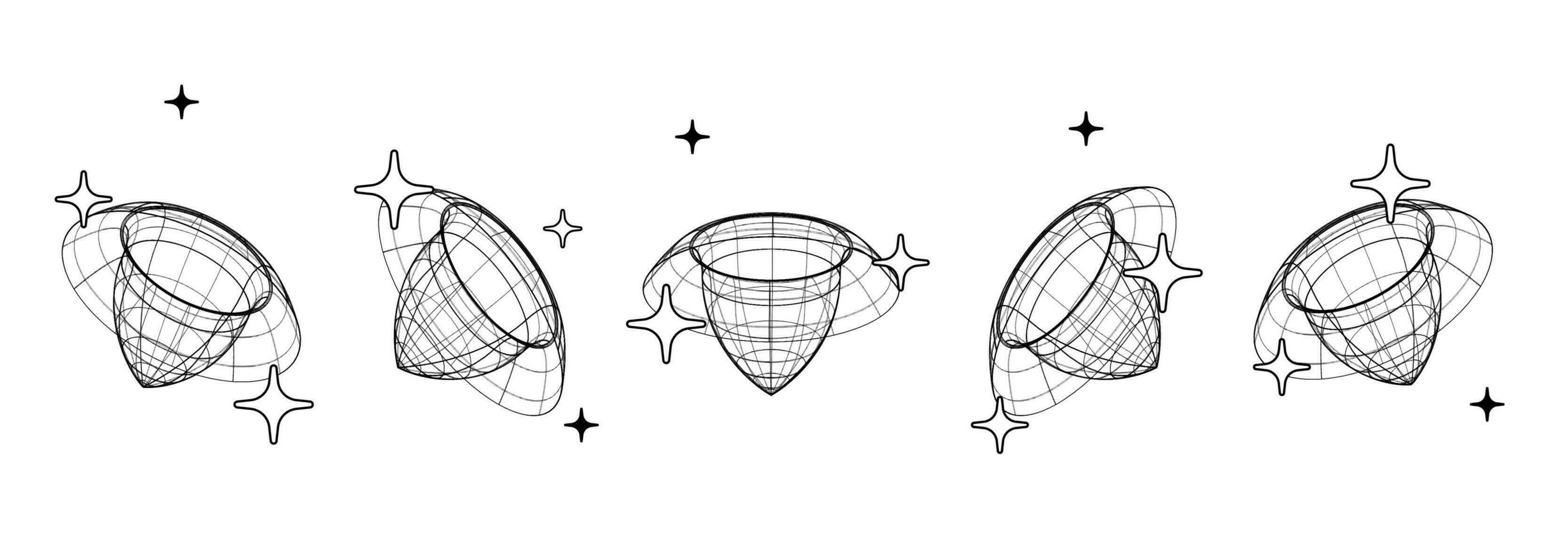 di moda impostato di y2k retrò futurismo elementi, quadri e tunnel, 3d wireframe Modelli, dimensionale grafico design forme. vettore