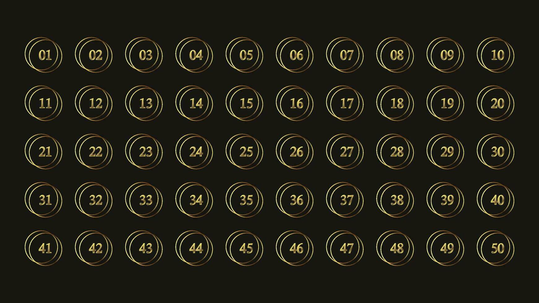 metallico oro numero impostato a partire dal 1 per 50 per moderno Infografica design con circolare d'oro telaio vettore