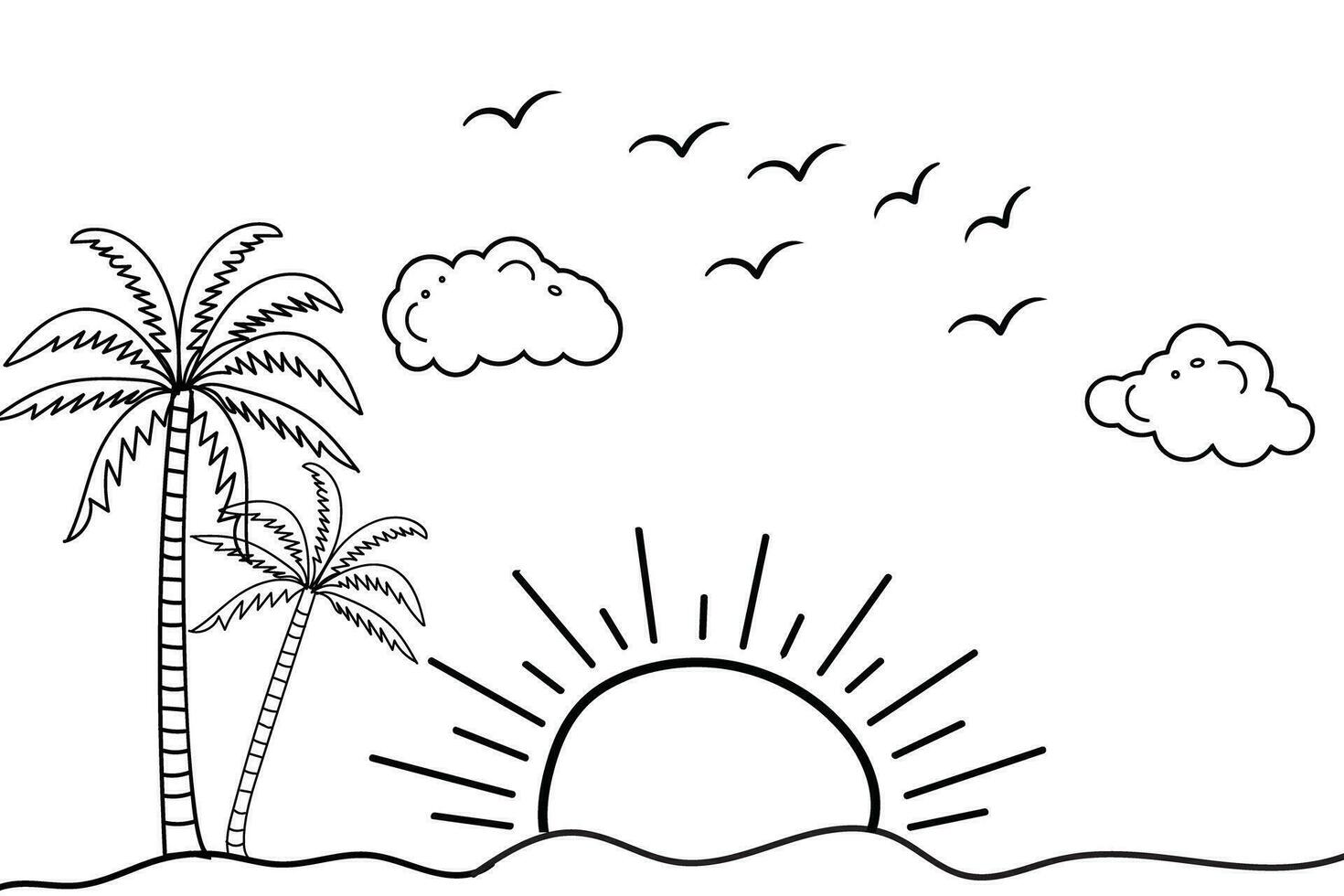 estate tramonto tropicale spiaggia linea arte vettore illustrazione, mano disegnato tramonto e Alba schema paesaggio tropicale spiaggia, palma albero con tramonto onde natura Visualizza, bambini disegno spiaggia colorazione pagine