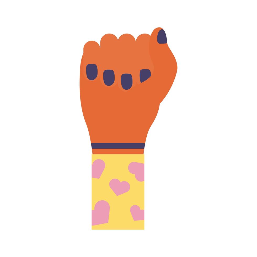 pugno di mano con cuori in icona di stile piatto femminismo manica vettore