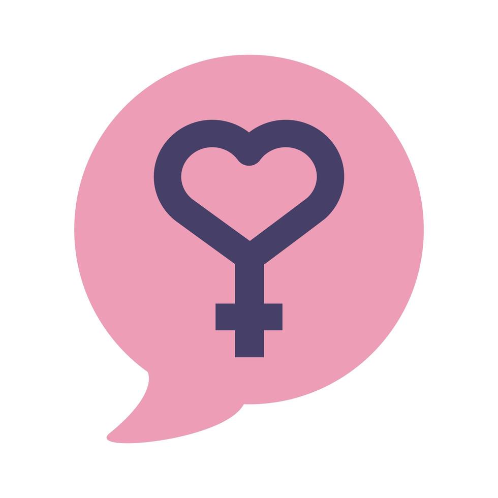 simbolo di genere femminile con il cuore nell'icona di stile piatto di bolla di discorso vettore