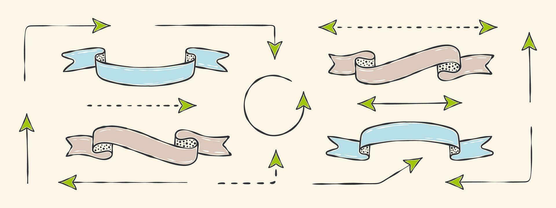 nastri e frecce icone per design. casuale scarabocchi icone e oggetti. vettore scalabile grafica