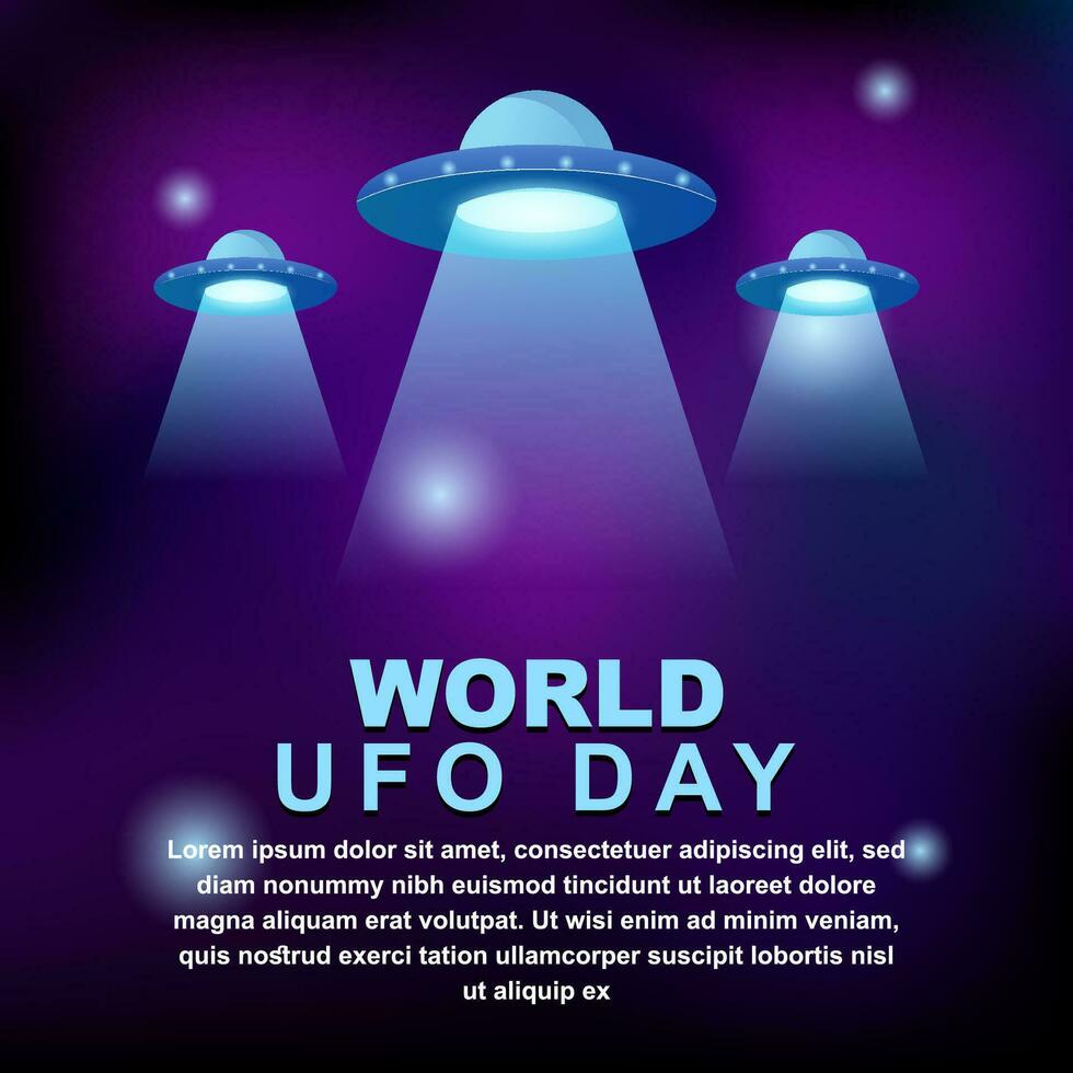 mondo ufo giorno 2 luglio, manifesto saluto carta illustrazione design con ufo nel sfondo galassia notte viola vettore