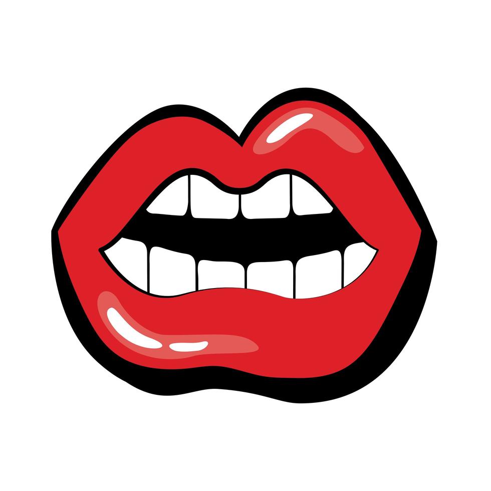 bocca pop art aperta con stile di riempimento dei denti vettore