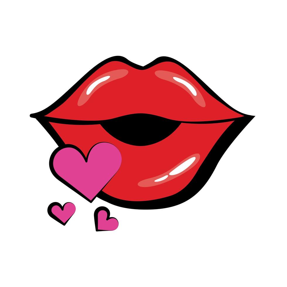 pop art bocca baci cuori riempire icona di stile vettore