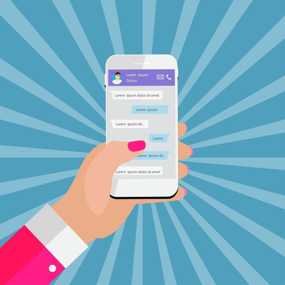 concetto di app mobili. mano che tiene il telefono, concetto di rete sociale. finestra di messaggistica astratta con chat e caselle di chat di messaggi vettore