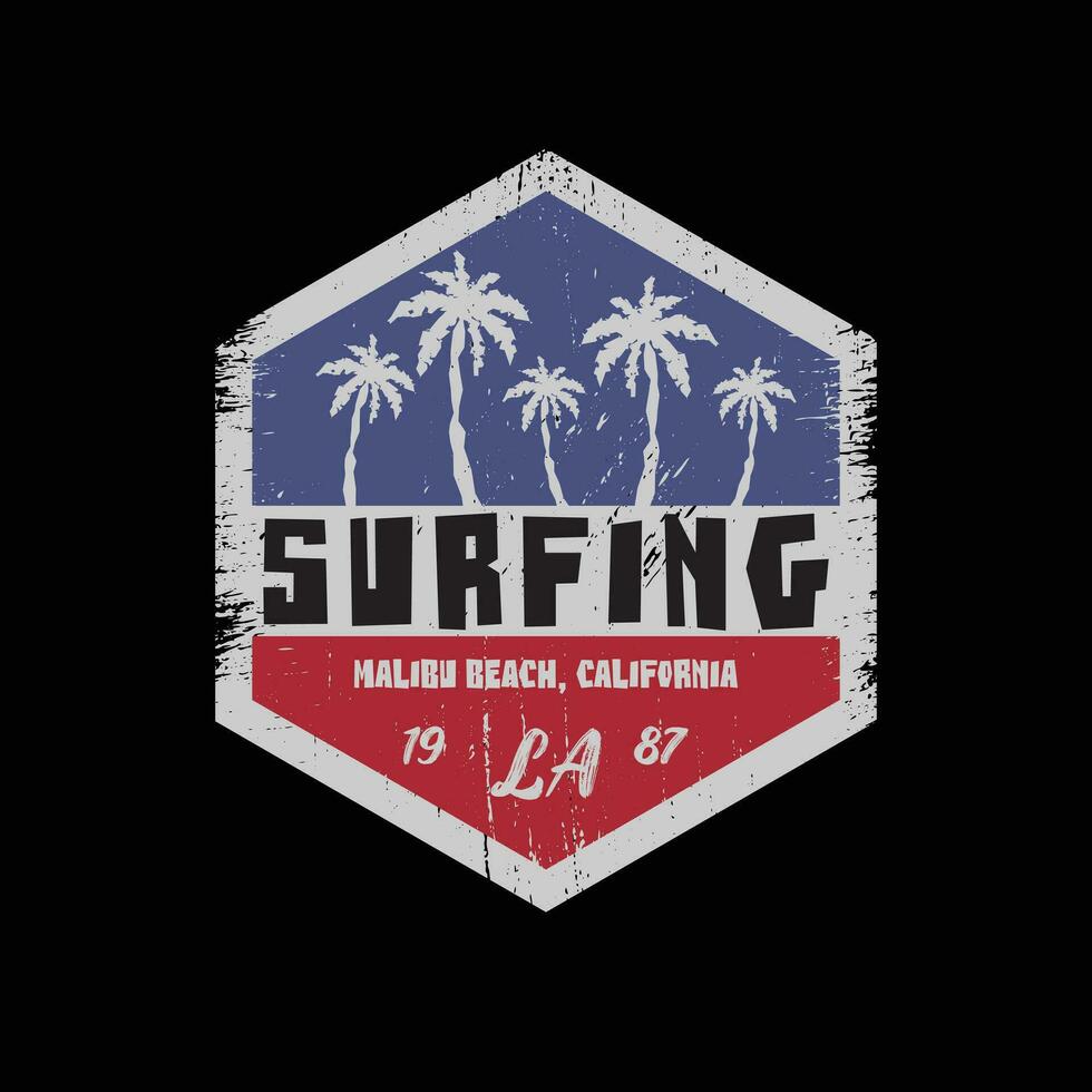 illustrazione Surf e fare surf nel California, Malibu. Vintage ▾ design. tipografia, maglietta grafica, manifesto, striscione, volantino, cartolina vettore