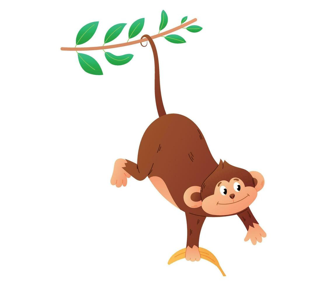 allegro scimmia con un' Banana coda sospeso su un' liana ramo. vettore isolato cartone animato tropicale animale scimpanzé.