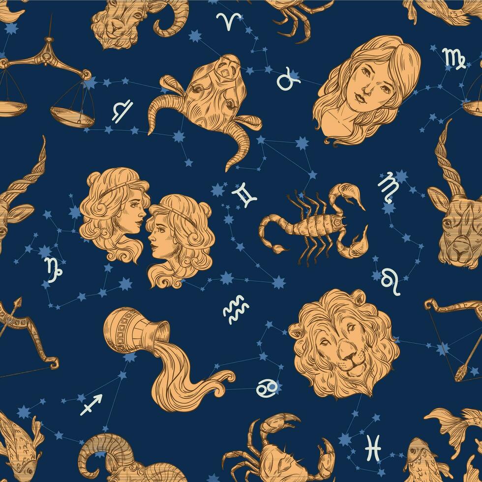 senza soluzione di continuità zodiaco modello. Ariete, Leo e Sagittario costellazioni. cancro, scorpione e Pesci. Toro, Vergine e Capricorno. Gemelli, Libra e Acquario vettore illustrazione