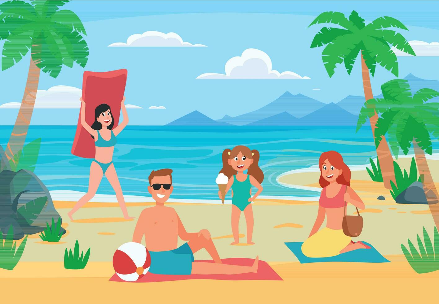 famiglia spiaggia vacanza. giovane famiglia con contento bambini prendere il sole su sabbia spiaggia, estate riva del mare cartone animato vettore illustrazione