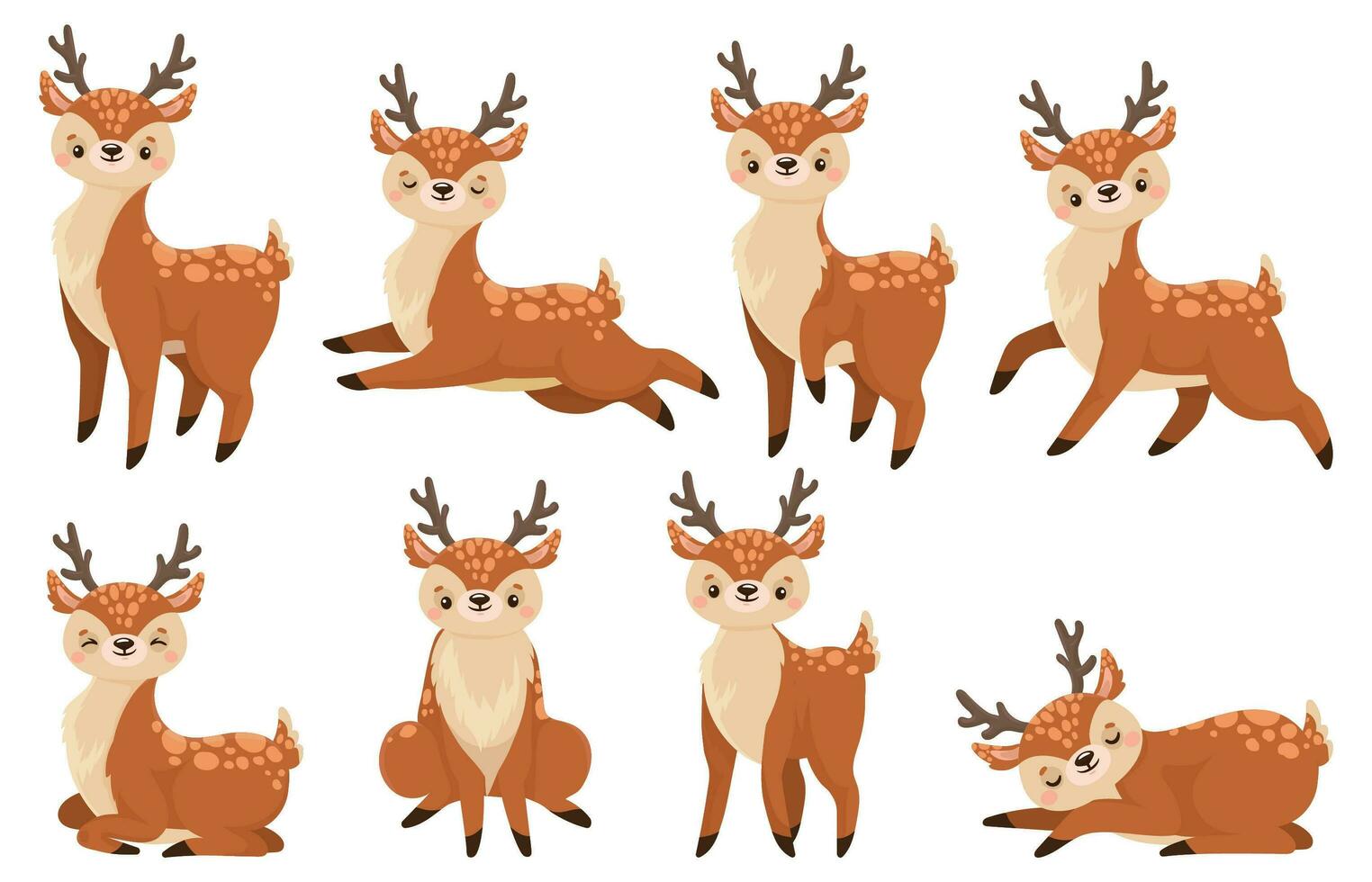 carino cartone animato cervo. in esecuzione renna, natura cerbiatto e Cervi bambino vettore illustrazione impostato