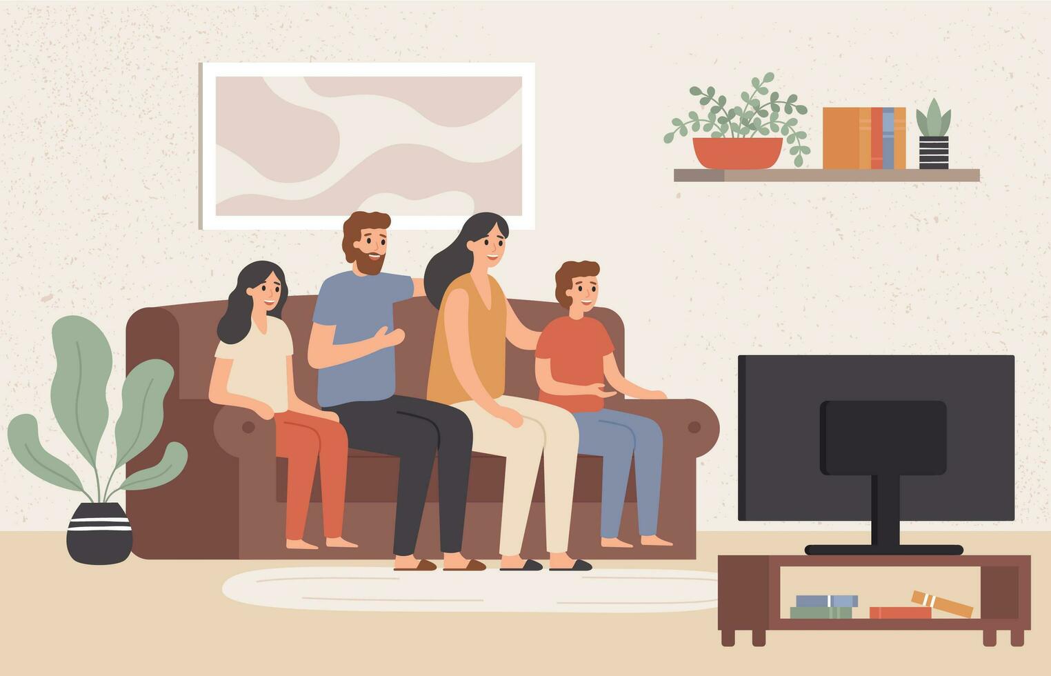 famiglia Guardando televisione insieme. contento persone orologio tv nel vivente camera, giovane famiglia Guardando film a casa vettore illustrazione