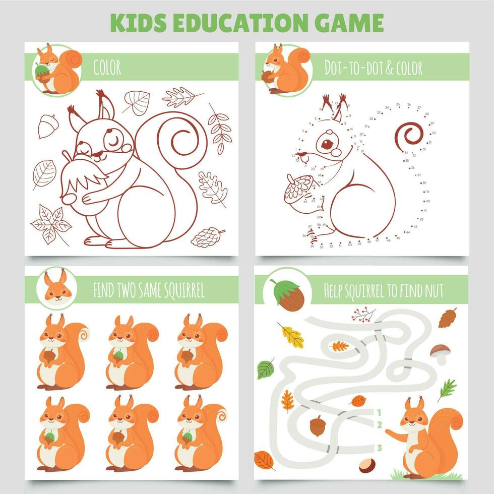 cartone animato scoiattolo bambini Giochi. trova Due stesso immagini, scoiattolo e Noce labirinto, colorazione gioco e punto per punto vettore illustrazione impostato