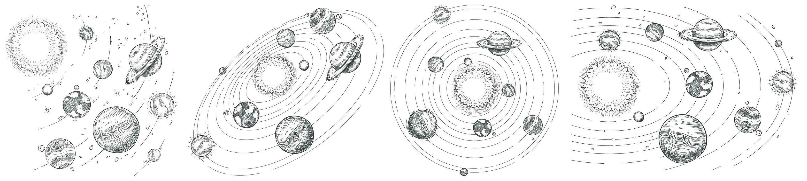 schizzo solare sistema. mano disegnato pianeti orbite, planetario e terra orbita vettore illustrazione impostare. astronomia a tema colorazione libro disegni pacchetto. celeste corpi Filatura in giro sole nel centro