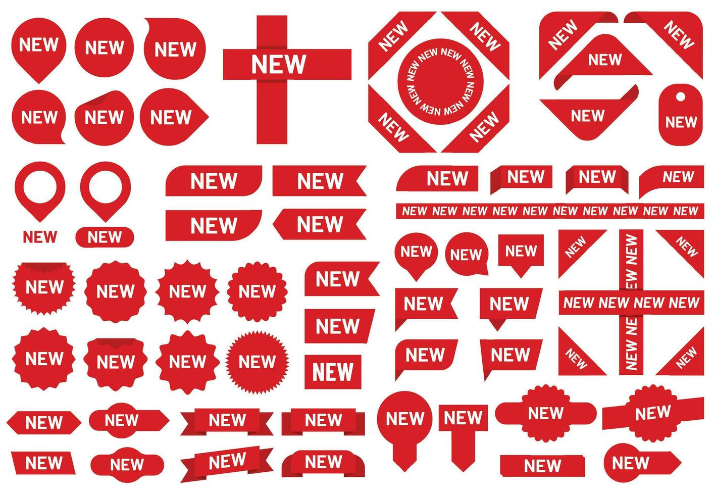 nuovo etichetta distintivo. più recente arrivo vendita nastro adesivi, rosso badge e nuovo bandiera cartello vettore impostato