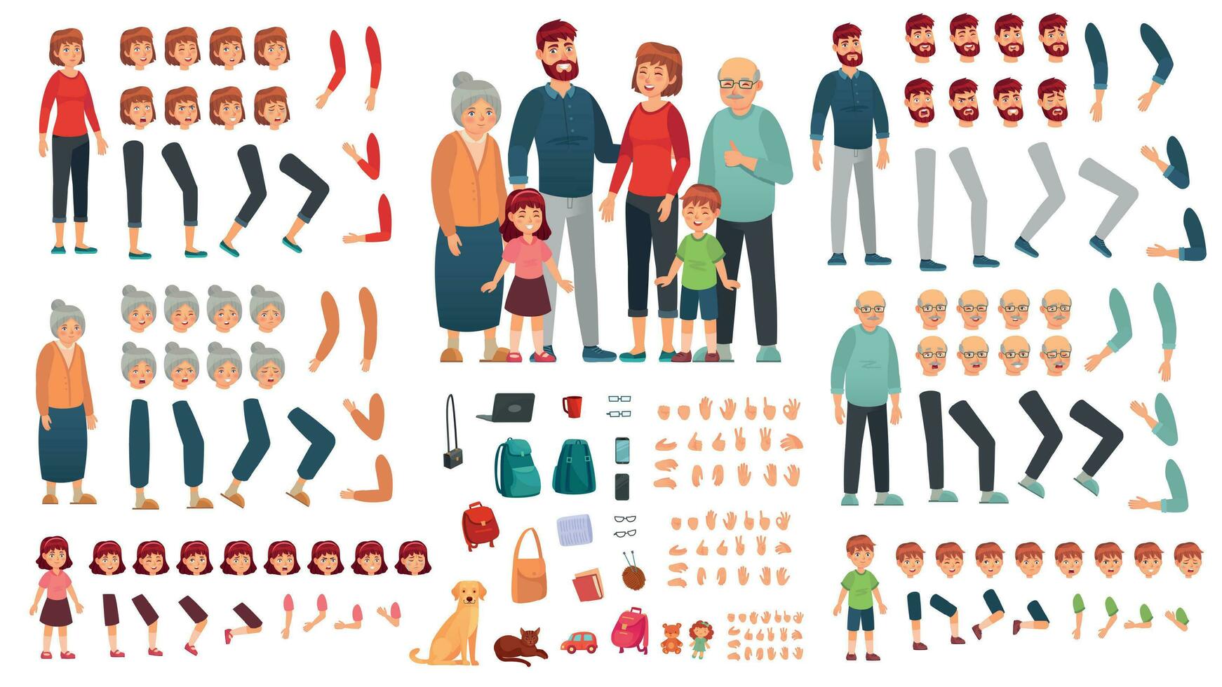 cartone animato famiglia creazione kit. genitori, bambini e nonni personaggi costruttore. grande famiglia vettore illustrazione impostato