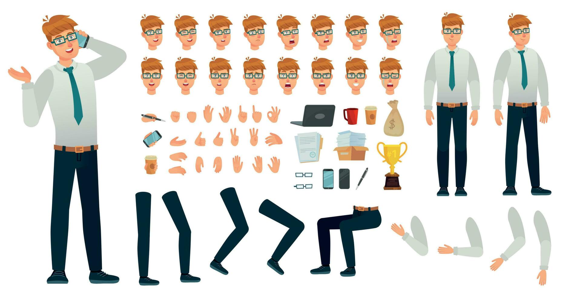 cartone animato manager personaggio kit. ufficio manager creazione costruttore, diverso corpo visualizzazioni, viso emozioni e gesti vettore impostato