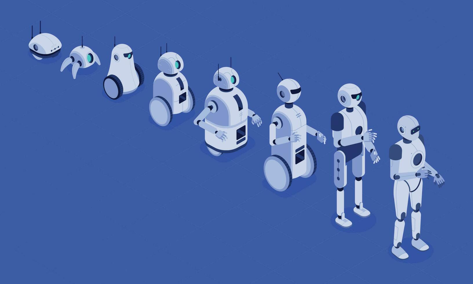 isometrico Evoluzione di robot. progresso nel robotica, futuristico robotica macchine e robot androide sviluppo 3d vettore illustrazione