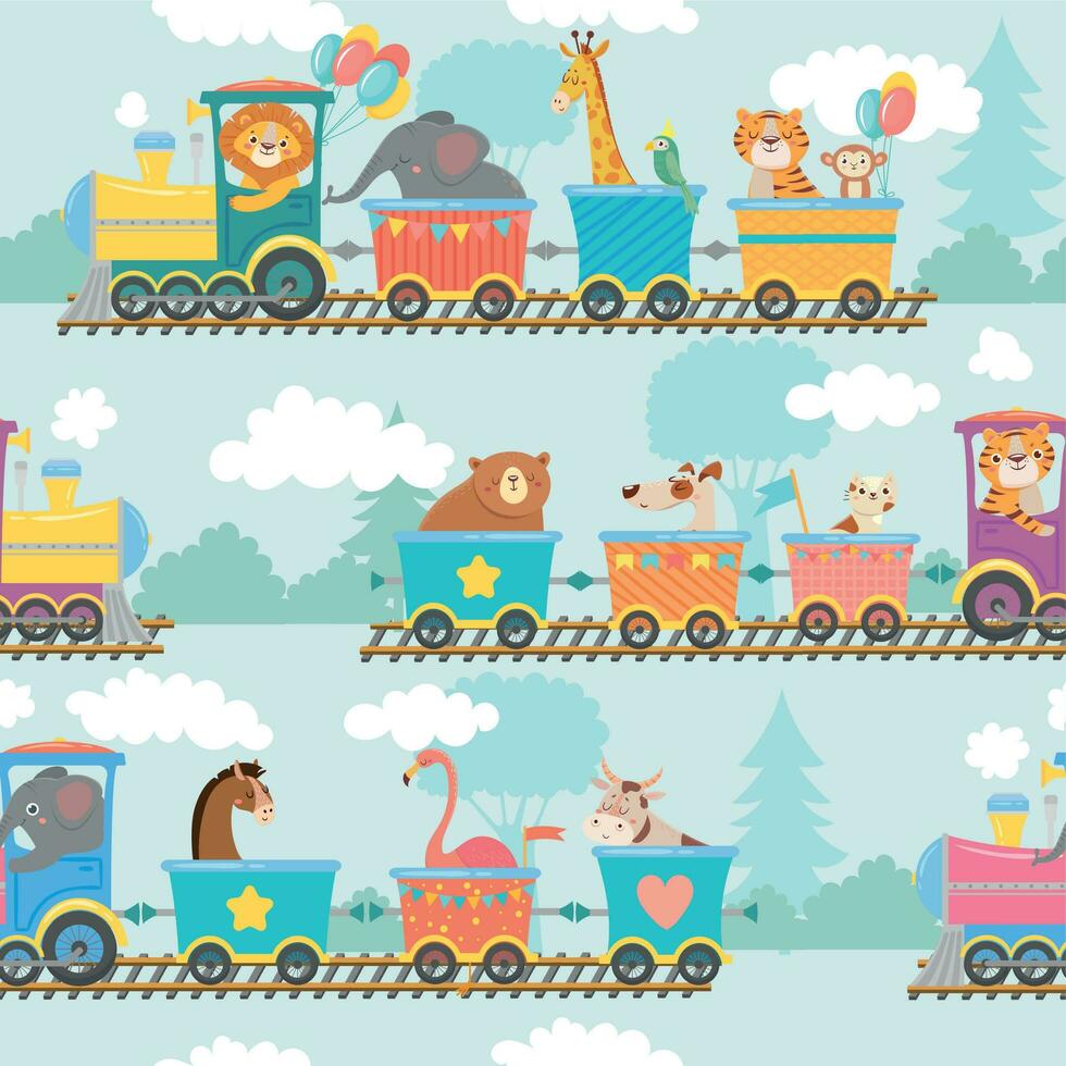 senza soluzione di continuità animali su treno modello. contento animale nel Ferrovia macchina, treni viaggio e bambini cartone animato vettore illustrazione