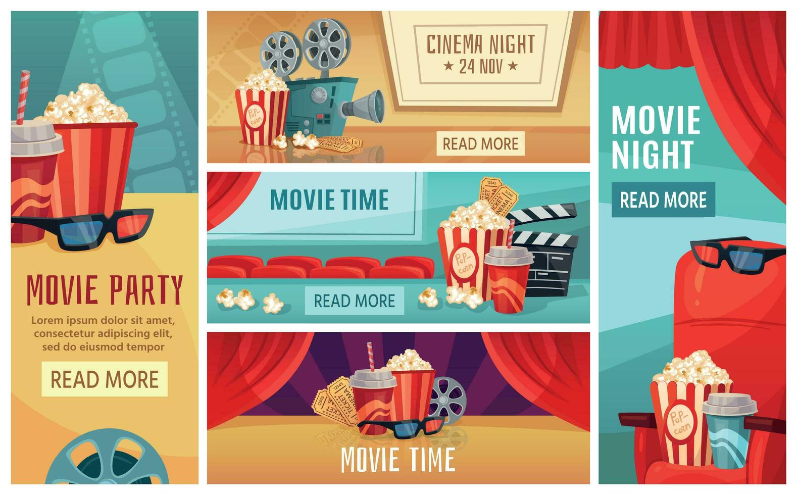cartone animato cinema striscione. film notte Biglietti, cinema Popcorn e 3d film proiettore banner vettore illustrazione impostato