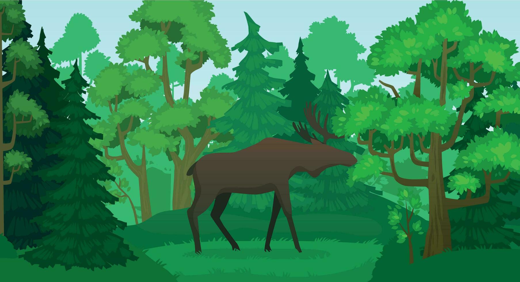 cartone animato alce americano nel foresta paesaggio. cervo silhouette nel boschi, verde foreste alberi vettore illustrazione