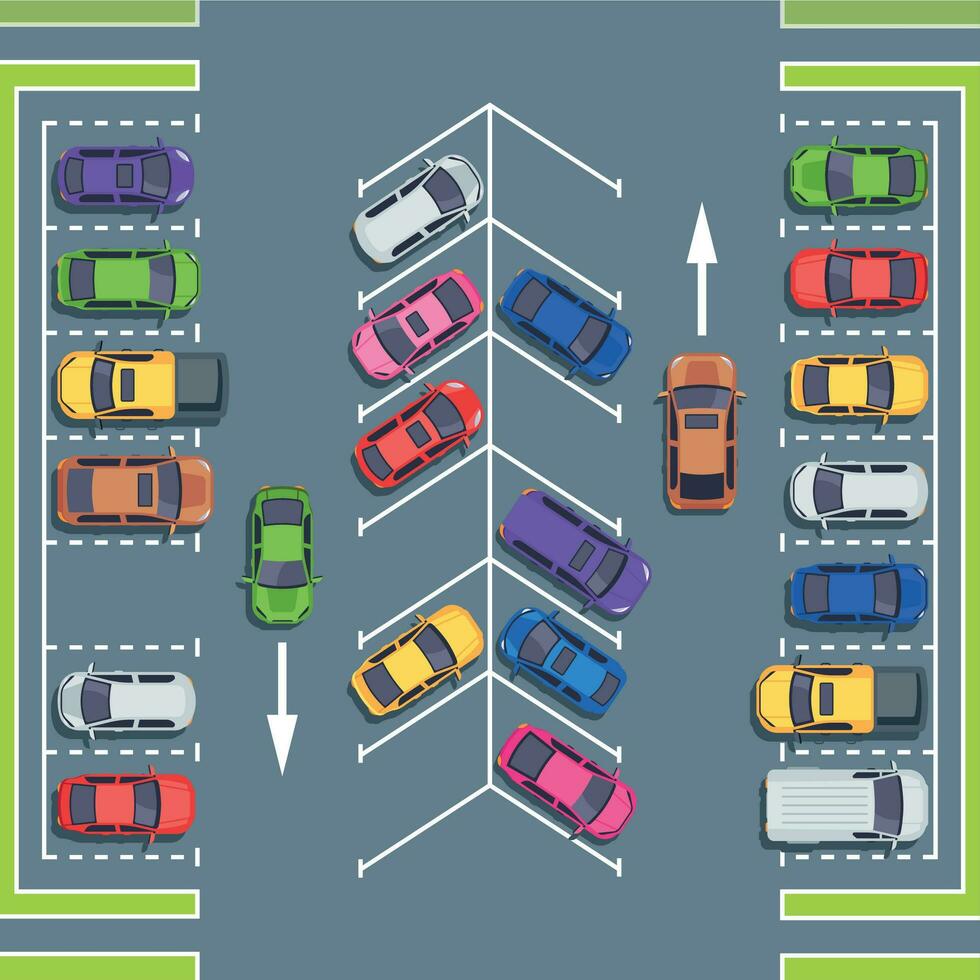 città parcheggio superiore Visualizza. parco spazi per macchine, auto parcheggio zona vettore illustrazione